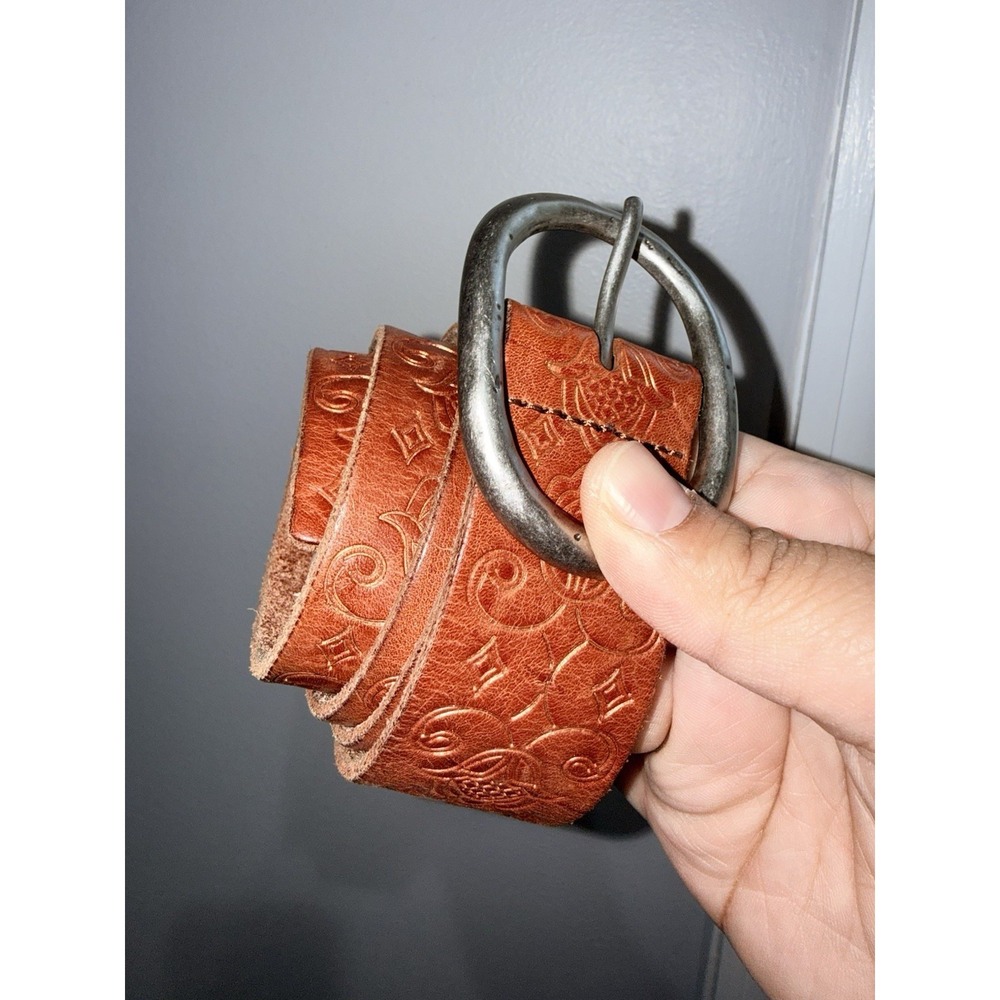 American Eagle Outfitters Sz S Brown Leather Embossed Belt Silver Buckle 39.5"
